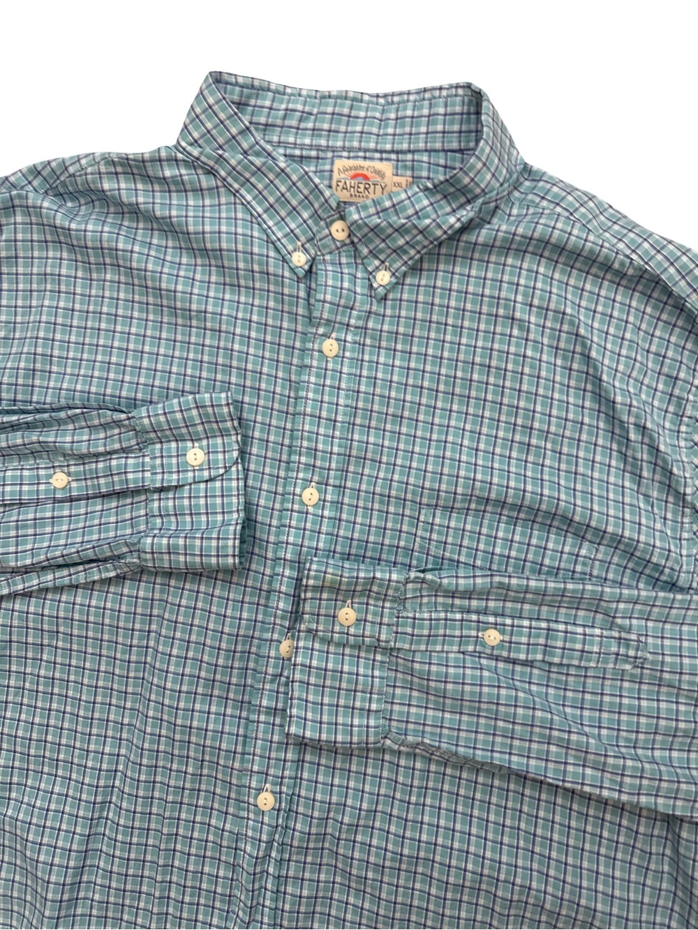FAHERTY Button Down Shirt Men’s Size XXL Long Sleeve Teal Plaid Cotton Huckberry